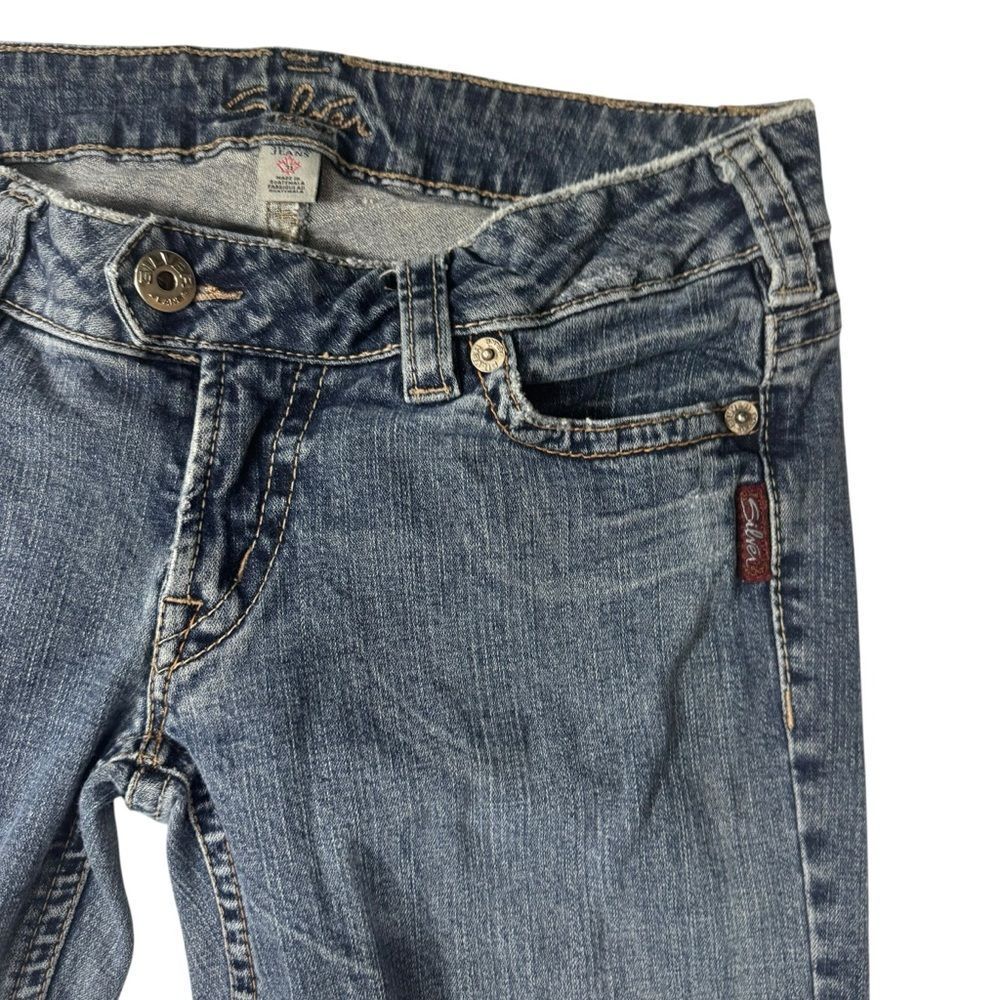 Silver Jeans Dark Wash Blue Cotton Denim Flare Leg Jeans Distressed size 31/33 - Picture 11 of 14